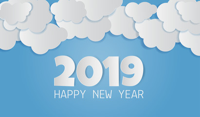Paper art of 2019 happy new year text with cloud on blue sky. Vector illustration