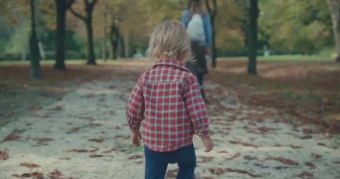 Little toddler walking in park with mother in autumn