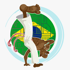 Man performing meia lua de compasso kick Capoeira Art with Brazilian flag
