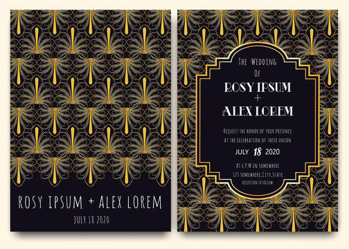An Art Deco Wedding Card with a Gold-patterned Background.