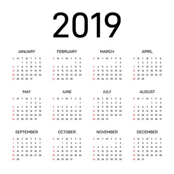 2019 Calendar template modern simple design for a year