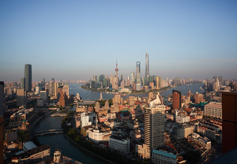 Aerial photography bird view at Shanghai bund Skyline