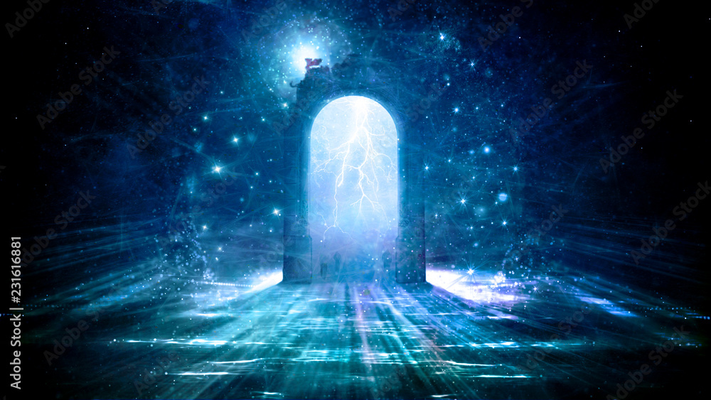 Poster colorful 3d rendering electrifying gate that leads to another dimension