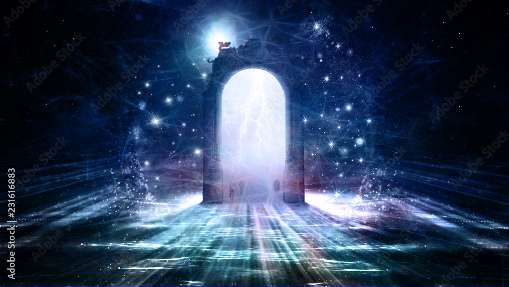 Poster multicolored 3d rendering doorway to another dimension