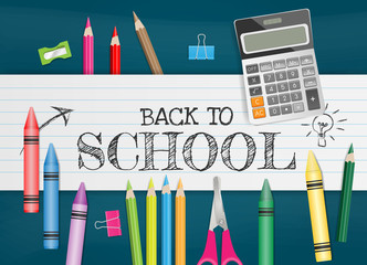 School supplies on chalkboard, back to school concept. Vector illustration