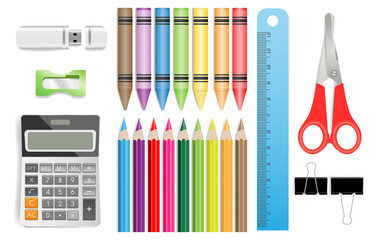 School supplies with calculator, color pencils, ruler, scissors, USB flash drive, sharpeners, black paper clips. Vector illustration