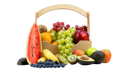 Watermelon, grapes, apples, oranges, kiwi, avocado in a wooden crate white background isolated with clipping path