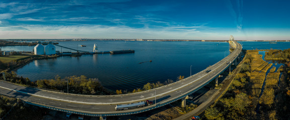 Aerial view of Francis Scott Key Bay bridge over the Patapsco river in Baltimore Maryland