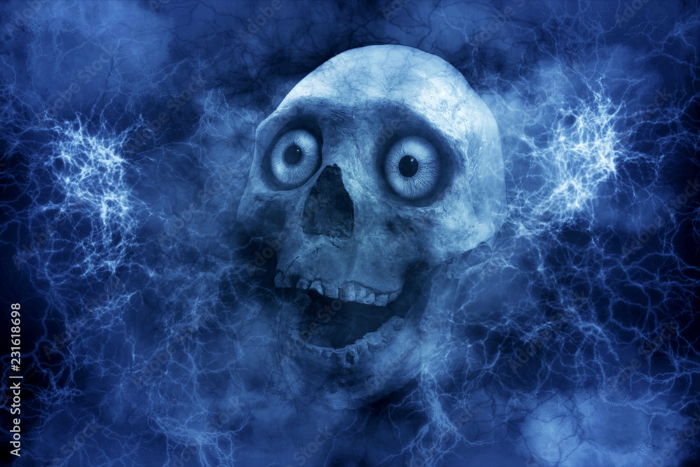 Poster abstract artistic shocked skull in a funny way in a foggy electrifying background