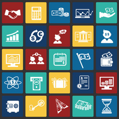 Money and finance set on color squares background icons