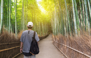 Travel in Japan, a man with backpack travelling at Arashiyama bamboo forest, famous travel...