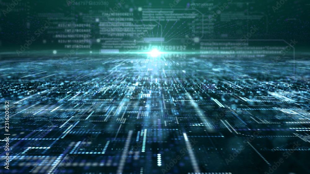 Poster Futuristic digital matrix particles grid virtual reality abstract cyber space environment background