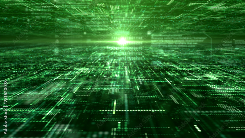 Fototapete Futuristic digital matrix particles grid virtual reality abstract cyber space environment background