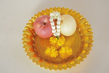 Sam Rong area, Samut Prakan city, Thailand: Offerings at  Chinese Temple