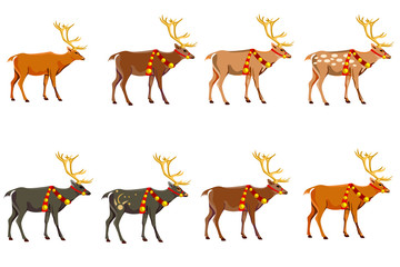 A set of eight deer of different colors.
