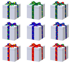 Set of nine gift boxes of different colors