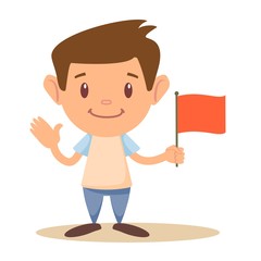 Cute Elementary School boy or Student Holding Red Flag, Cartoon Vector Illustration