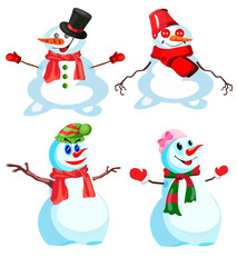 Set of four snowmen in various headdresses and in different scarves