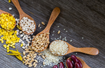 Healthy Grains on Old Wood Table,copy space.