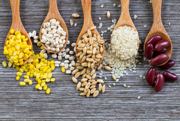 Healthy Grains on Old Wood Table,copy space.