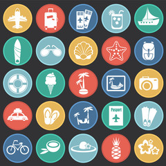 Summer vacation set on color circles black background icons