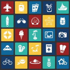 Summer vacation set on color squares background icons