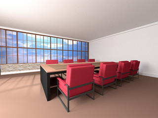 table and red chair in room , 3d rendering