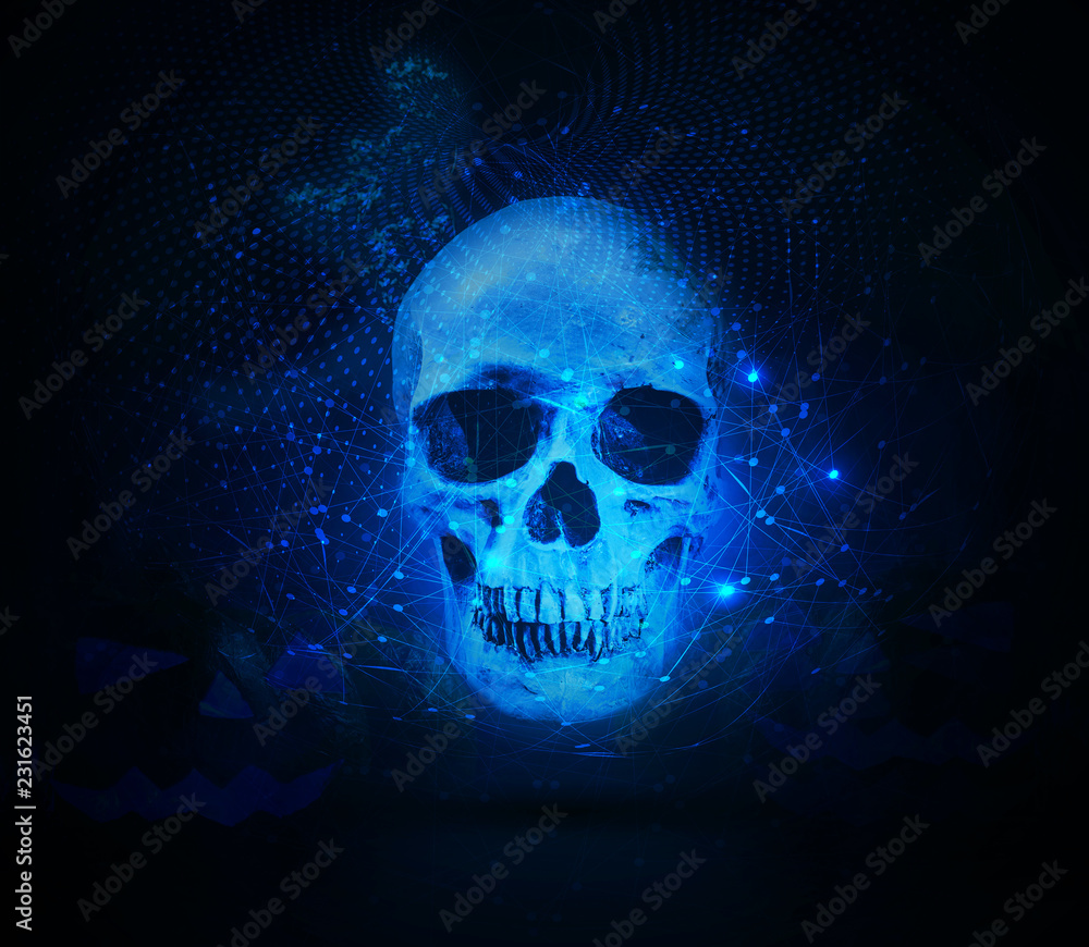Poster artistic evil smog devil skull on a cyan network background
