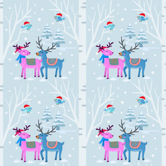  Christmas pattern background with deer in winter.