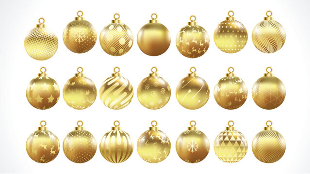 Set of vector gold and silver christmas balls with ornaments. collection isolated realistic decorations. Vector illustration on white background.