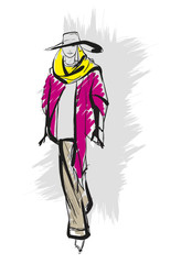 Fashion girl Sketch. Stylish fashion model. Pretty young girl.