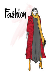 Fashion girl Sketch. Stylish fashion model. Pretty young girl.