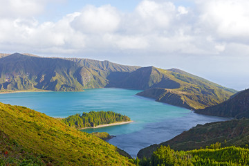 Naklejka na ściany i meble Lake Fogo, Sao Miguel Island, Azores, Portugal. Lagoa do Fogo (Lake of Fire) is the highest lake of Sao Miguel island and surrounded by Natural Reserve.
