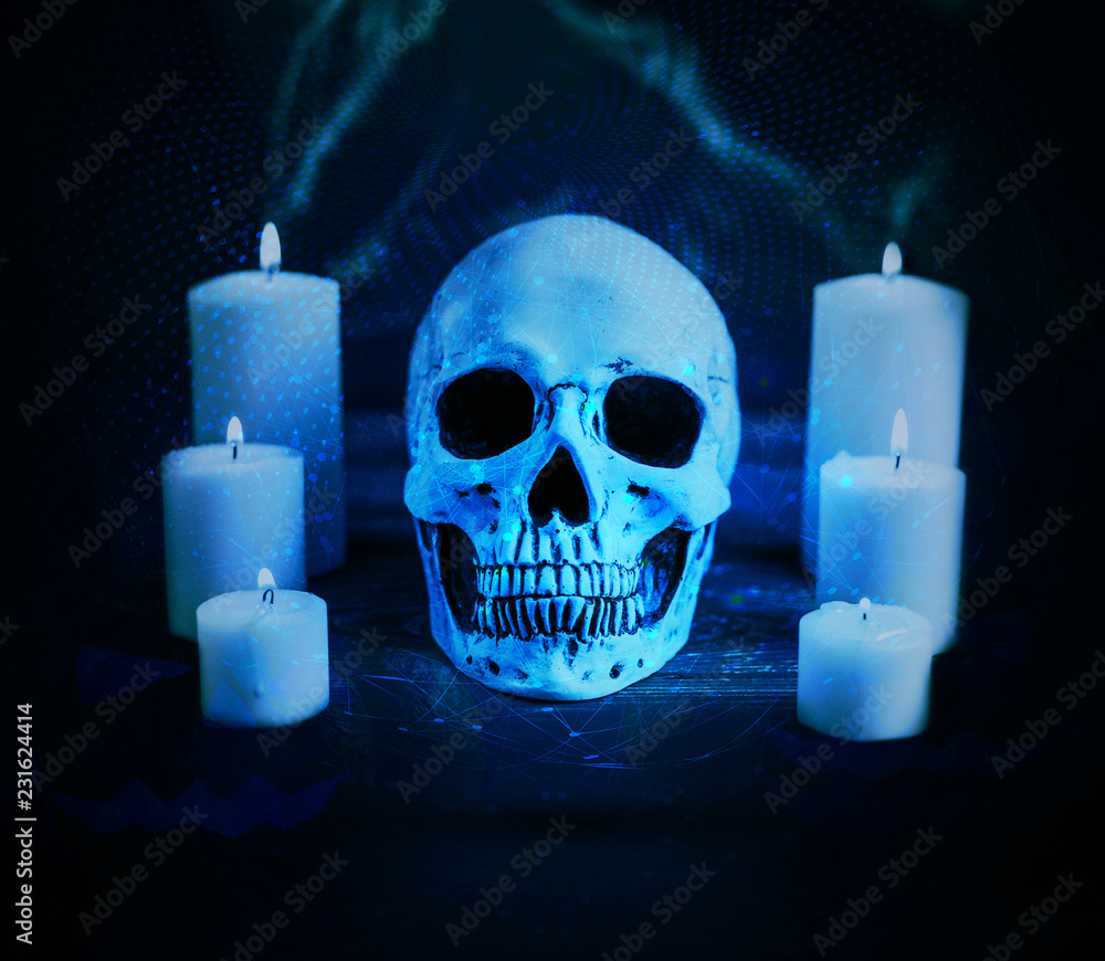 Poster abstract artistic cursed skull surrounded by candles on a cyan network background