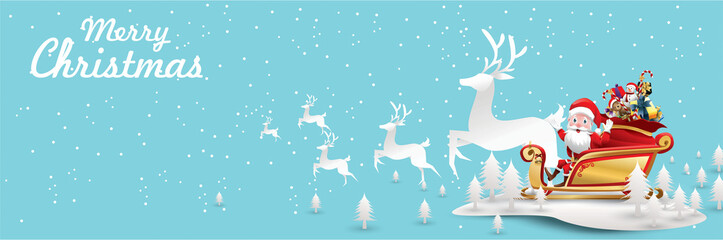 Merry Christmas and Happy New Year.Santa Claus is rides reindeer sleigh with a sack of gifts in Christmas snow scene. vector illustration Greeting card poster horizontal banner paper art concept