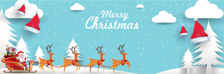 Merry Christmas and Happy New Year.Santa Claus is rides reindeer sleigh with a sack of gifts in Christmas snow scene. vector illustration Greeting card poster horizontal banner paper art concept