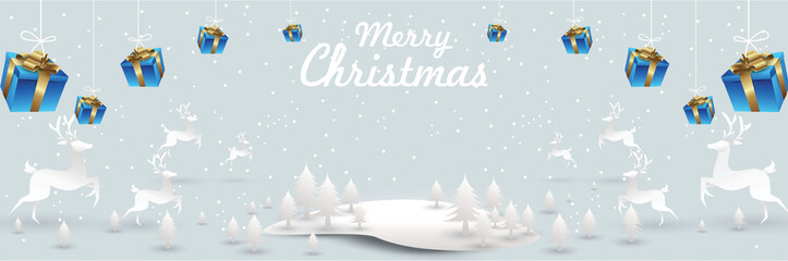 Merry Christmas and Happy New Year.Santa reindeer in Christmas snow scene. vector illustration Greeting card poster horizontal banner paper art concept