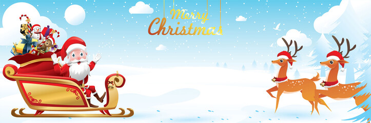 Merry Christmas and Happy New Year.Santa Claus is rides reindeer sleigh with a sack of gifts in Christmas snow scene. vector illustration Greeting card poster horizontal banner