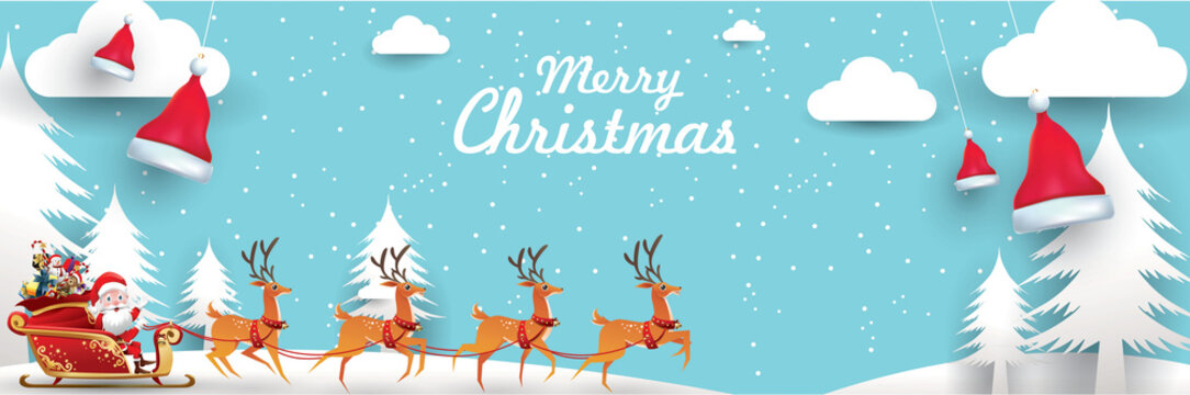 Merry Christmas and Happy New Year.Santa Claus is rides reindeer sleigh with a sack of gifts in Christmas snow scene. vector illustration Greeting card poster horizontal banner paper art concept