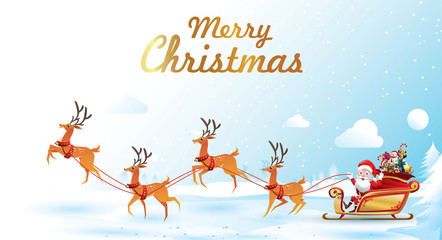 Merry Christmas and Happy New Year.Santa Claus is rides reindeer sleigh with a sack of gifts in Christmas snow scene. vector illustration Greeting card poster horizontal banner