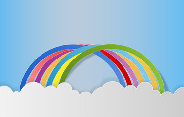Rainbow with clouds in the sky, Paper art style. Vector Illustration