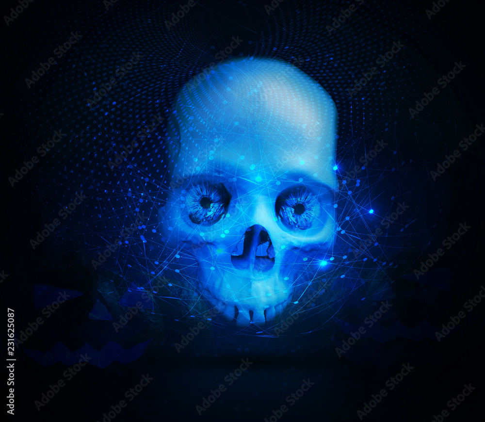 Poster artistic abstract no jaw devil skull mask on an abstract network background