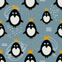 Seamless pattern, penguins in crowns, hand drawn overlapping backdrop. Colorful background vector. Design illustration. Decorative wallpaper, good for printing