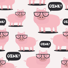 Happy pigs, hand drawn backdrop. Colorful seamless pattern with animals and text. Decorative cute wallpaper, good for printing. Overlapping background vector. Design illustration