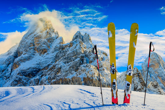 Skiing with amazing panorama of Pale di Sant Martino di Castrozza, Dolomites mountain, Italy