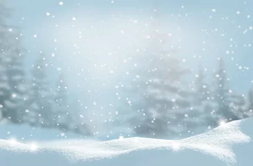 Poster Prachtig winterlandschap met besneeuwde bomen. Kerst achtergrond © Lilya