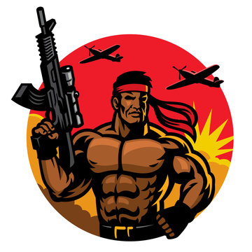 soldier in muscular body mascot