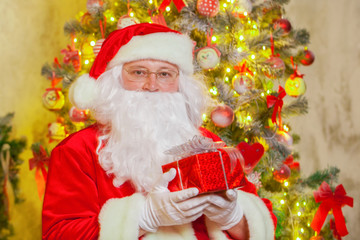 Santa Claus with giftbox on background of sparkling firtree