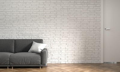 sofa in front of empty white brick wall living room lounge model interior home office Meeting rooms have computers and notebooks.Online business 3d rendering Work at home