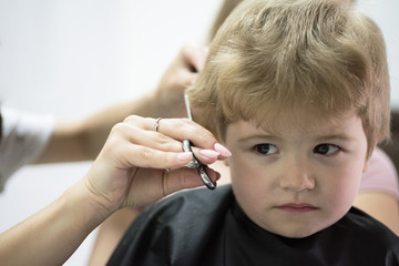 Haircut that your kid will love. Cute boys hairstyle. Kids hair salon. Little child given haircut. Small child in hairdressing salon. Little boy with blond hair at hairdresser. Kids barber at work